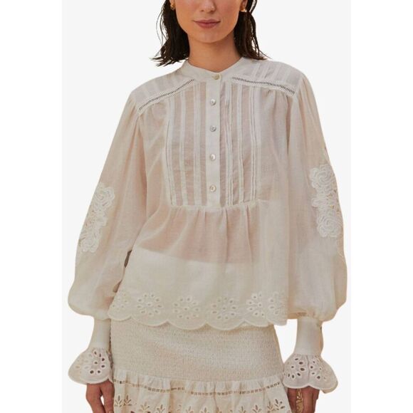 Farm Rio Cotton Peasant Blouse In Off White Size L - Picture 1 of 11